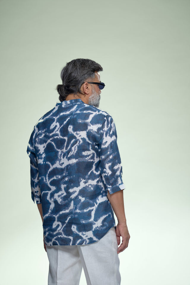 Contemporery Indigo Pure Linen 3/4 Sleeve Kurta Style Shirt - AddysForMen®️