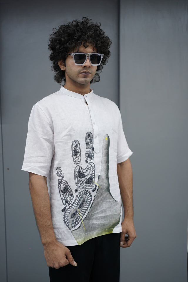 The Midnight Flora: Hand-Embroidered with Digital Print Pure Linen Kurta Style Shirt - AddysForMen®️