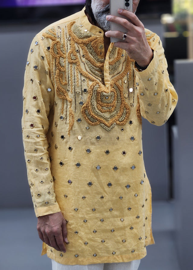Sunshine Yellow Pure Linen Long Kurta with Hand-Embroidered Khatli Mirror & Threadwork