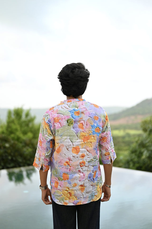 "Botanical Bliss : Vibrant Floral Paradise Blooms - 3/4 Sleeve Kurta Style Shirt"