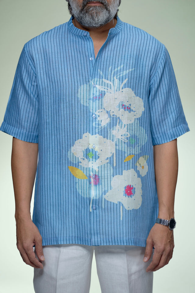 Sky Blue Artistic Floral Pure Linen Short Sleeve Shirt - AddysForMen®