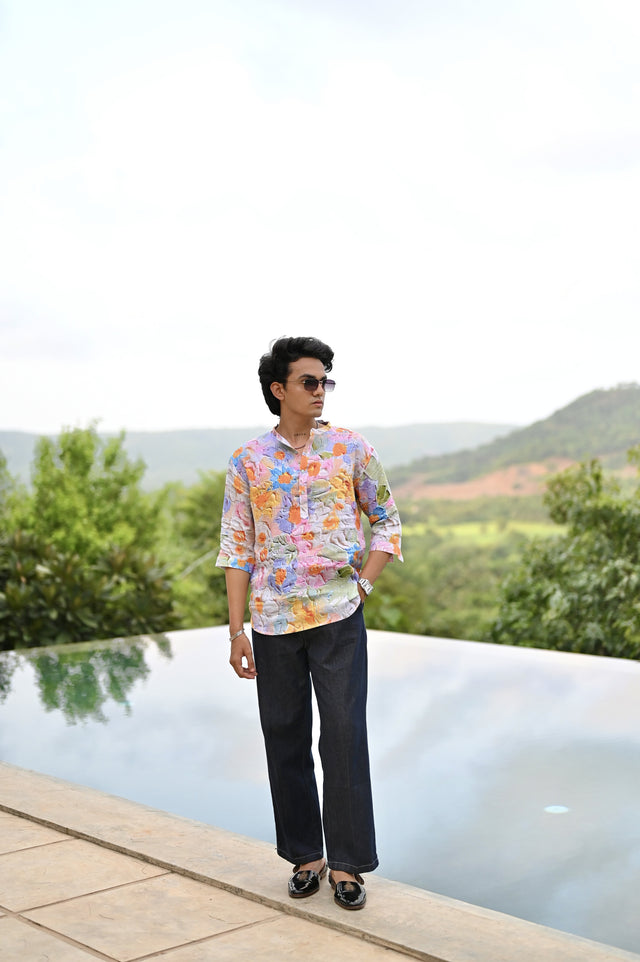 "Botanical Bliss : Vibrant Floral Paradise Blooms - 3/4 Sleeve Kurta Style Shirt"