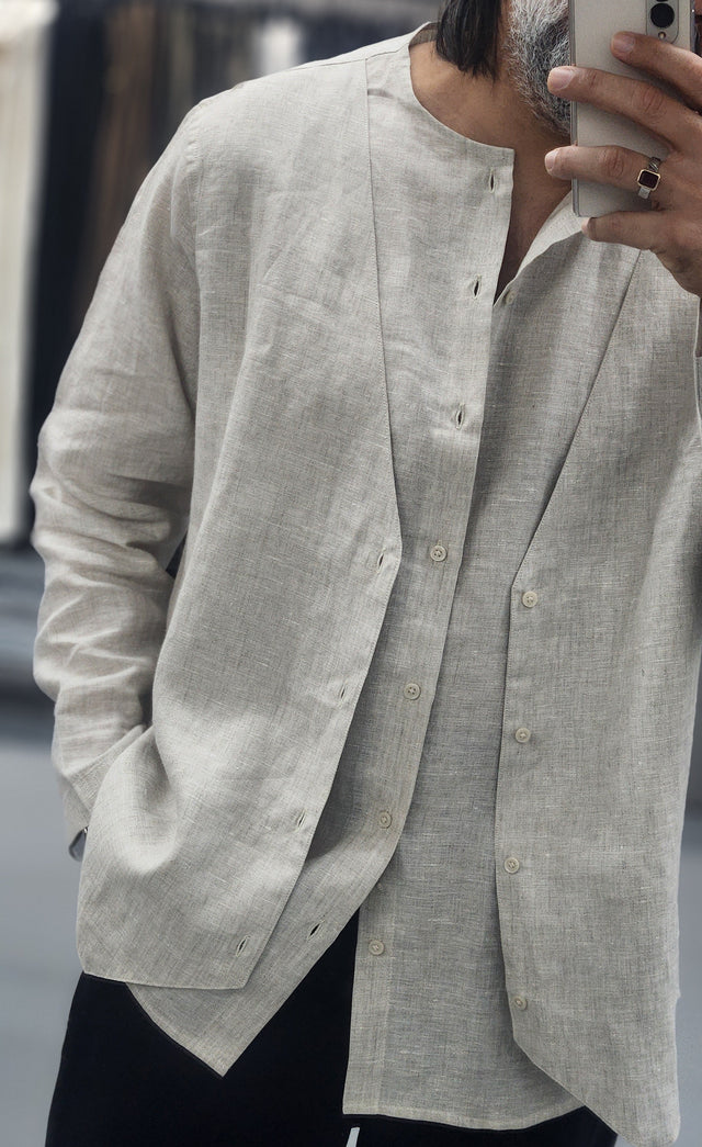 Natural Beige Oatmeal Open-Front Linen Layered Shirt