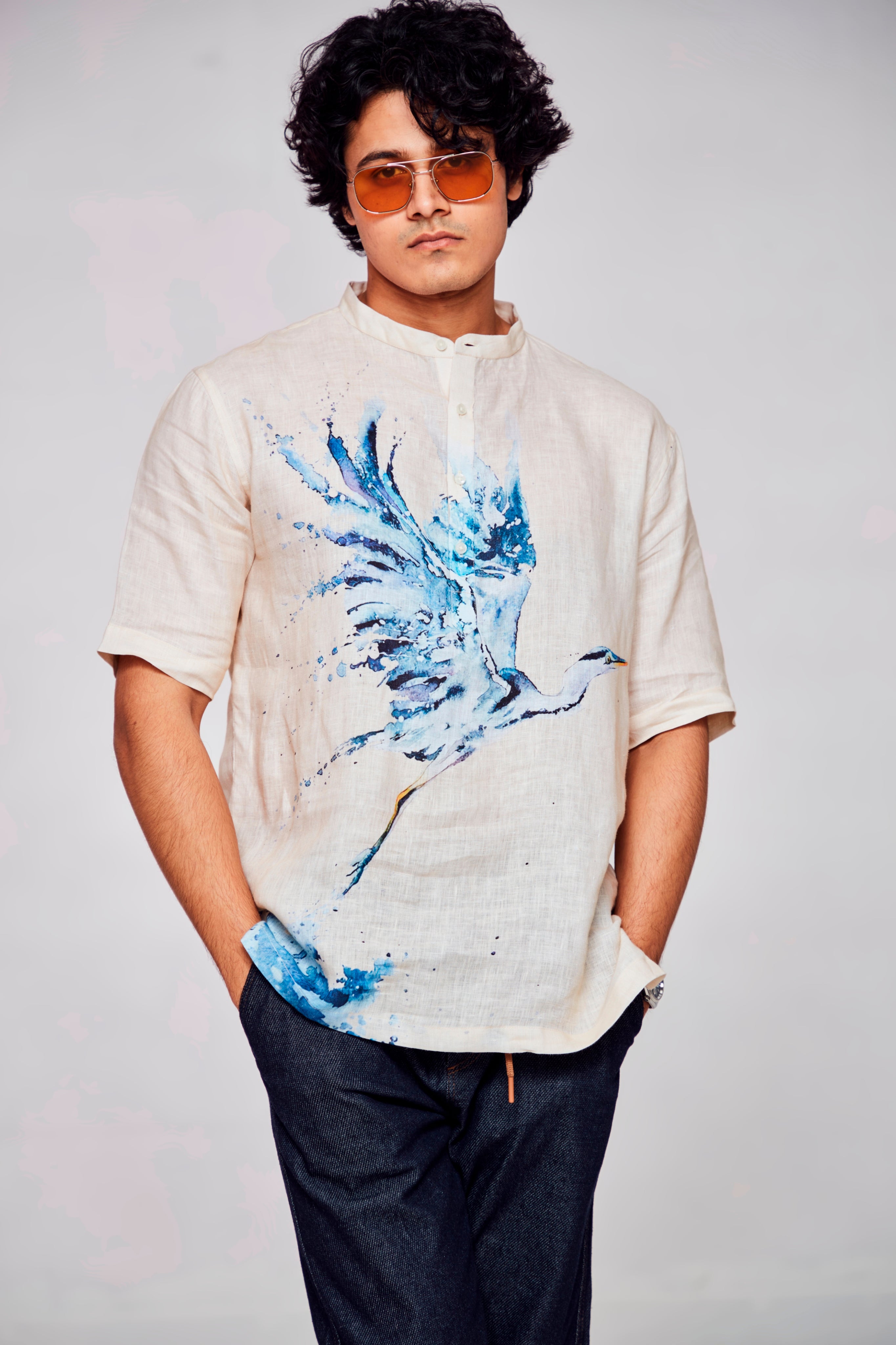 Winged Serenity : Nature's Grace with Avian Elegance - Pure Linen Short Sleeve