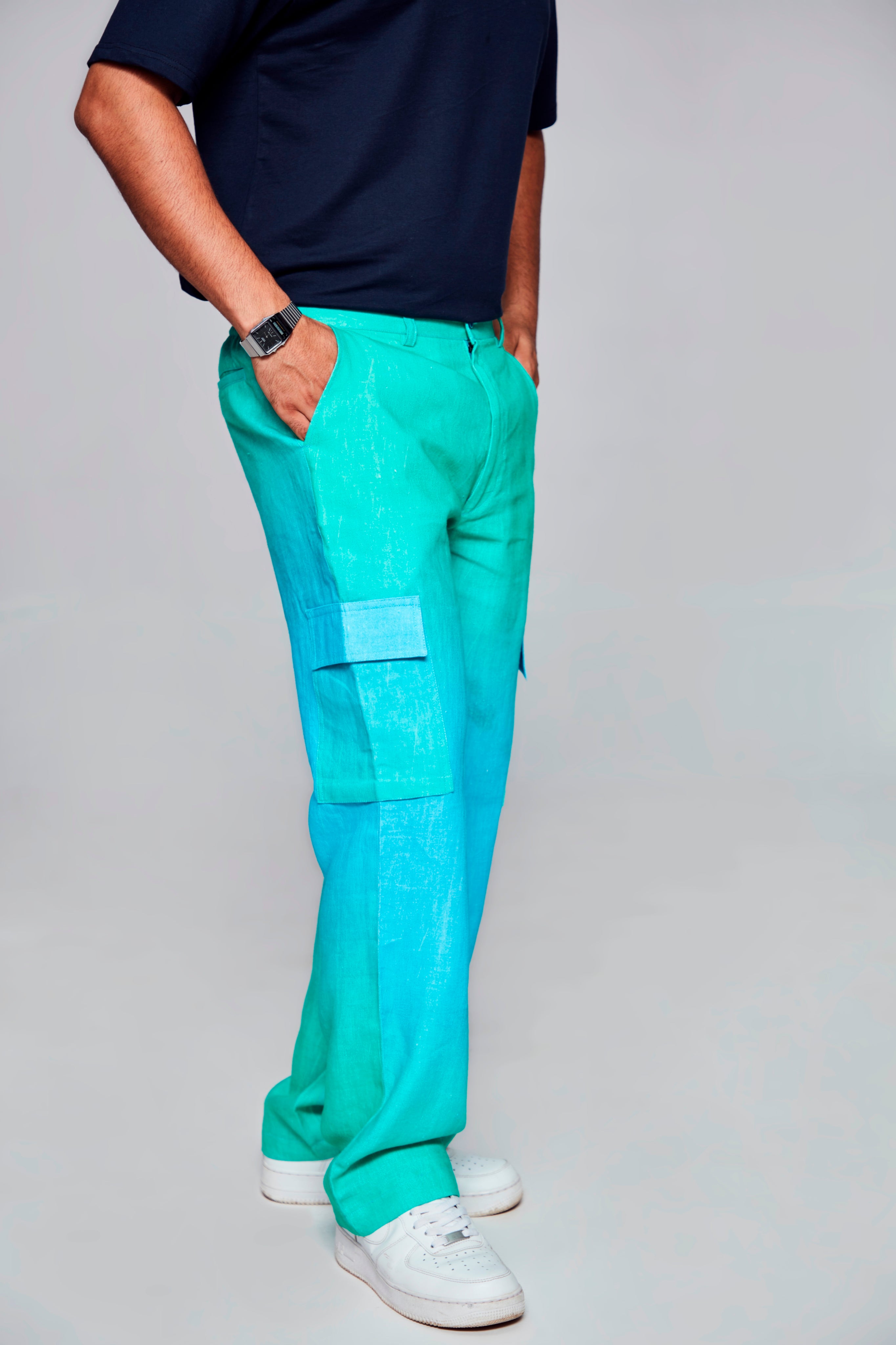 Shades of blue :Pure Linen Wide Leg Loose Fit Cargo Pant