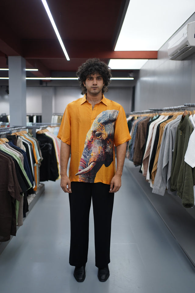 The Royal Tusk: Elephant Digital Print Pure Bemberg Satin Short Sleeve Shirt - AddysForMen®️