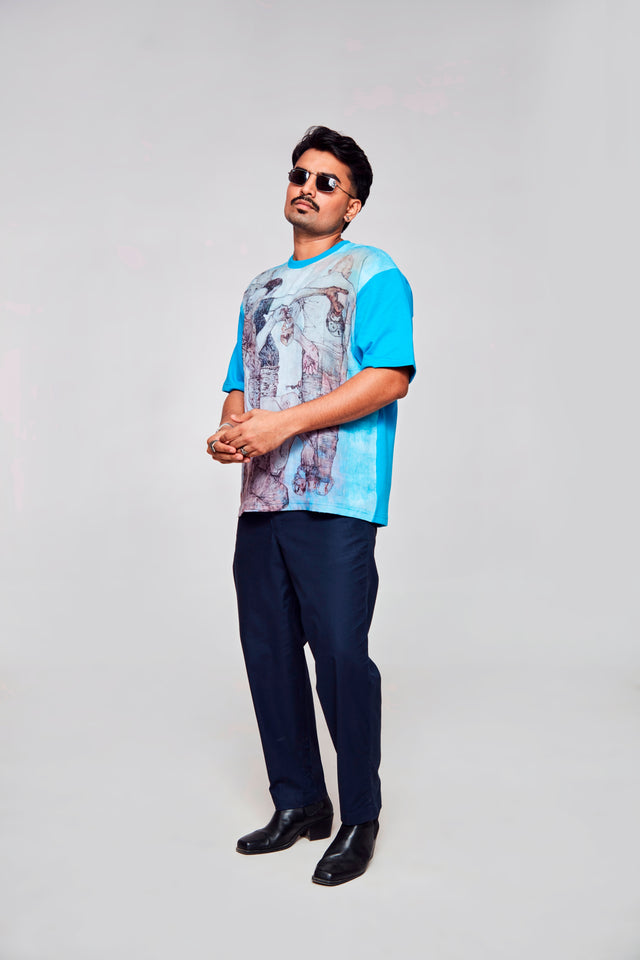 Azure Reflection : Effortless Elegance of Blue and White - Oversize Linen Tshirt