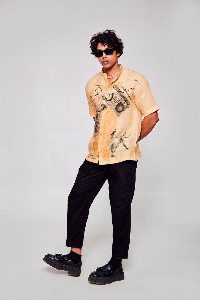 Stylish Melodic Fusion Printed Pure Linen Short Sleeve Shirt