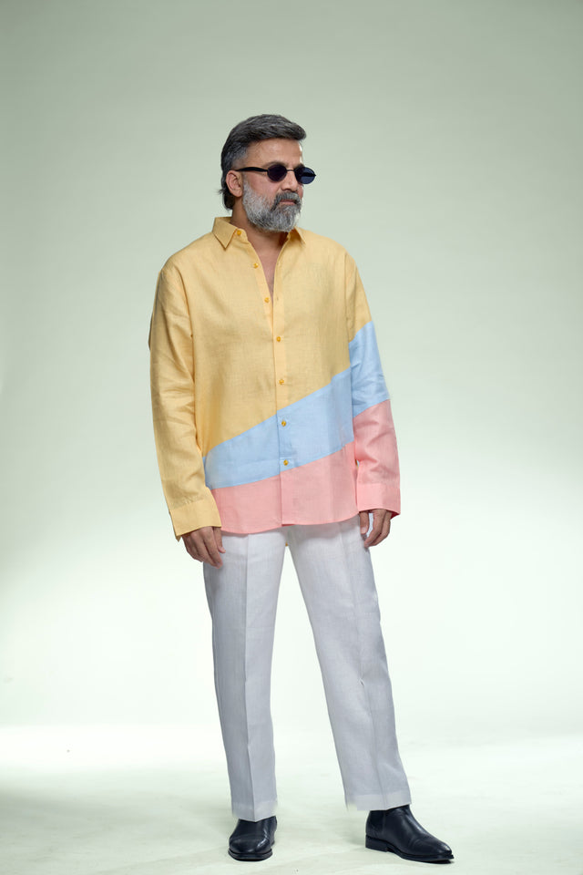 Modern Tricolour Block Pure Linen Designer Shirt - AddysForMen®