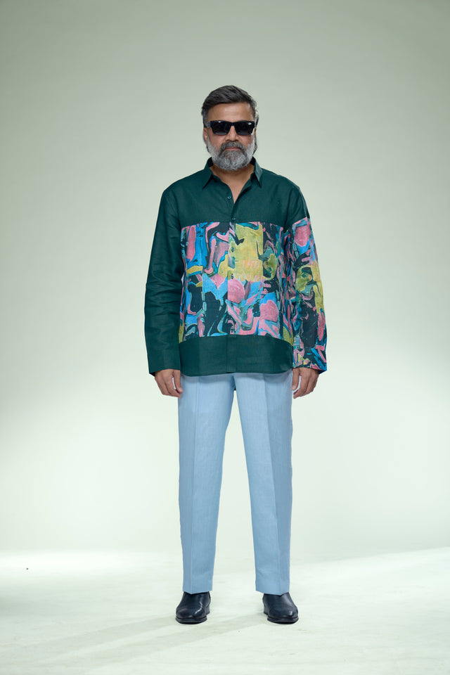 Verdant Muse Abstract Patch Pure Linen Designer Shirt - AddysForMen®