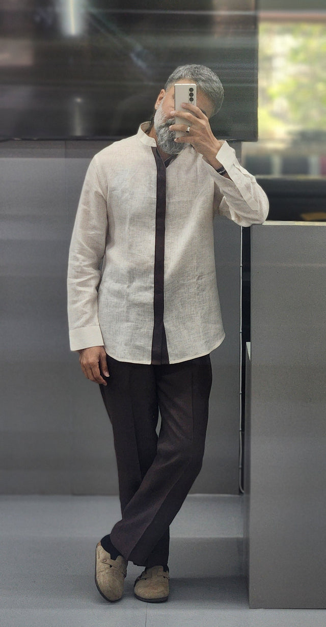 Beige Textured with Contrast Dark Placket Pure Linen Shirt