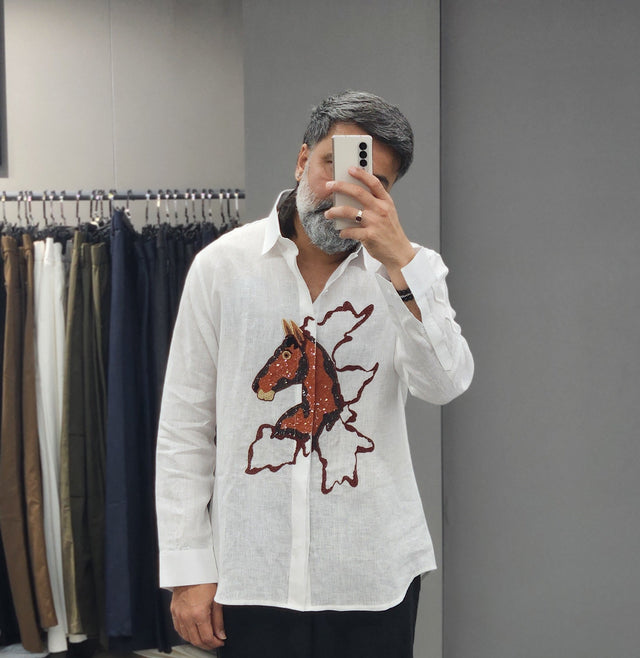 Pure White Majestic Stallion Sequin & Bead Embroidered Pure Linen Shirt