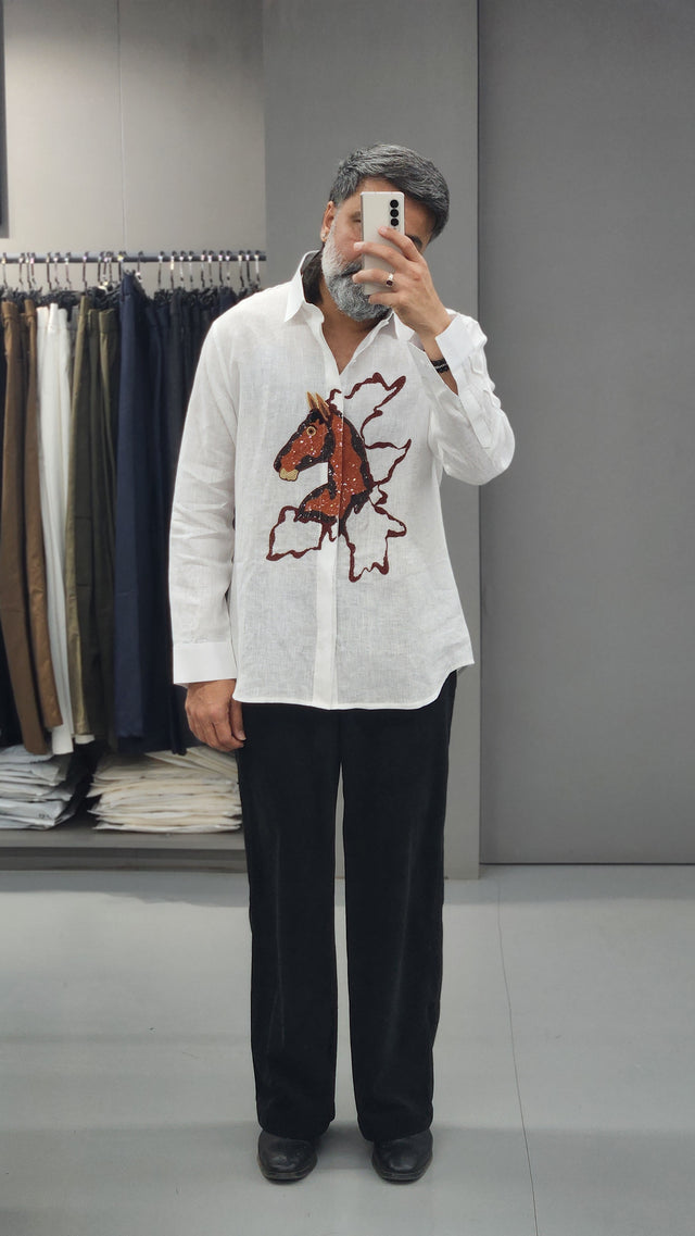 Pure White Majestic Stallion Sequin & Bead Embroidered Pure Linen Shirt