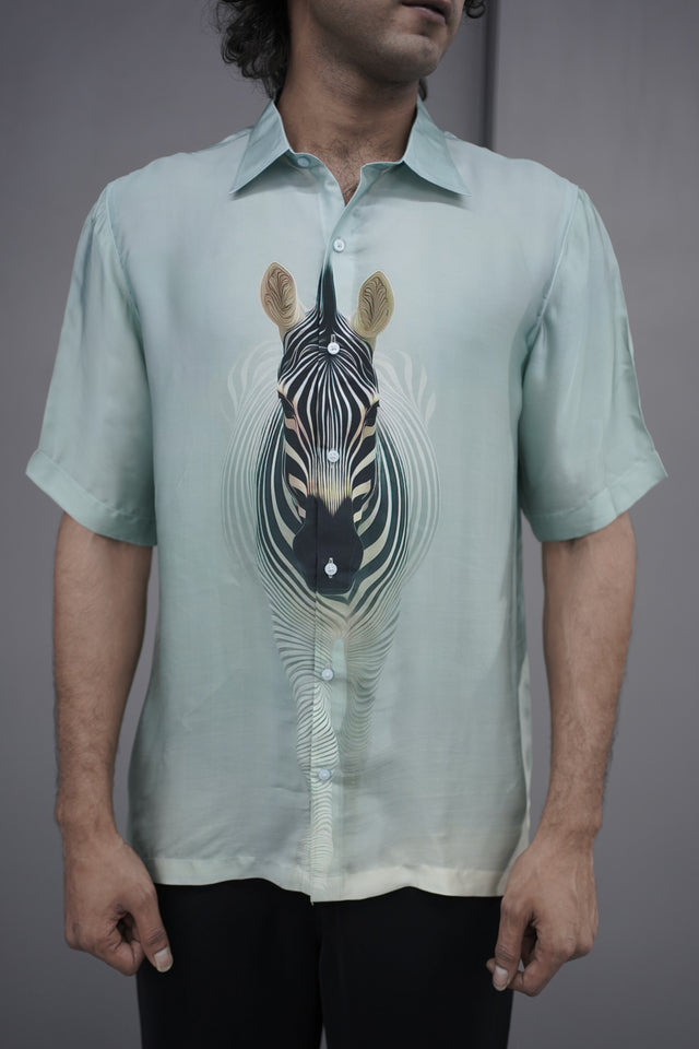 The Neon Abyss: Integrated Digital Pure Bemberg Satin Short Sleeve Shirt - AddysForMen®️