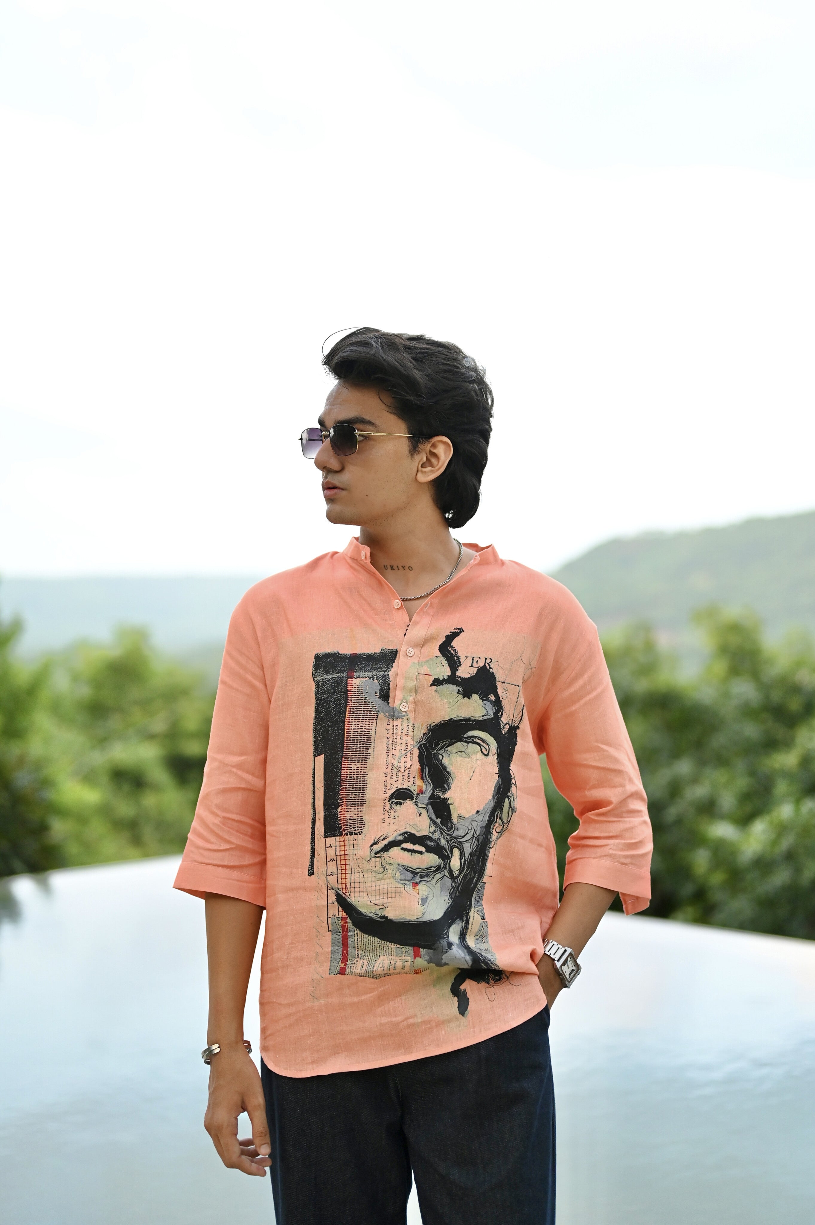 "Radiant Finesse : Youthfull Energy with an Orange 3/4 Sleeve Kurta Style Shirt"