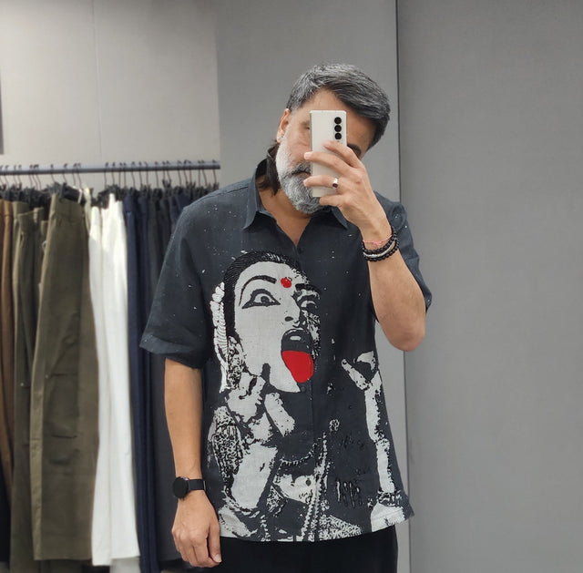 Charcoal Black Pure Linen Short Sleeve Shirt with Digital Pop-Art Graphic & Hand Khatli Work
