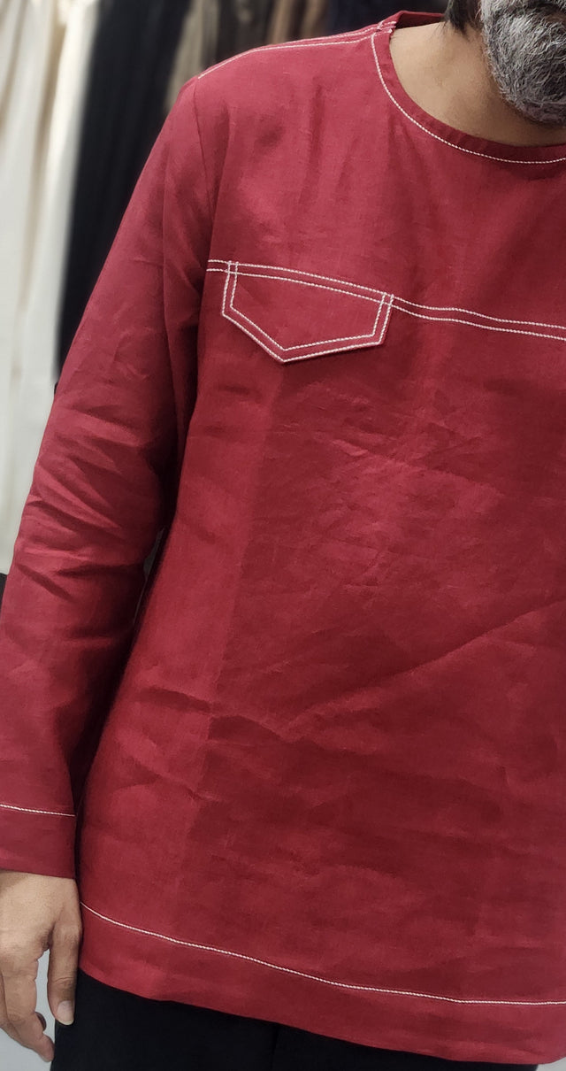 Maroon Round-Neck Contrast Topstitch Linen Shirt