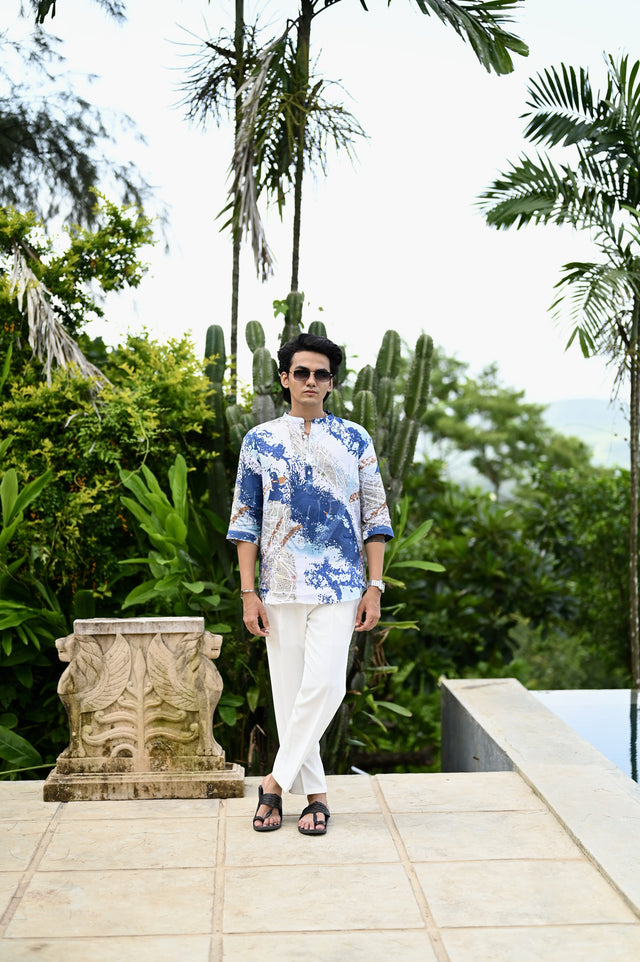 "Serene Elegance : A Breathtaking Blue and White 3/4 Sleeve Kurta Style Shirt"