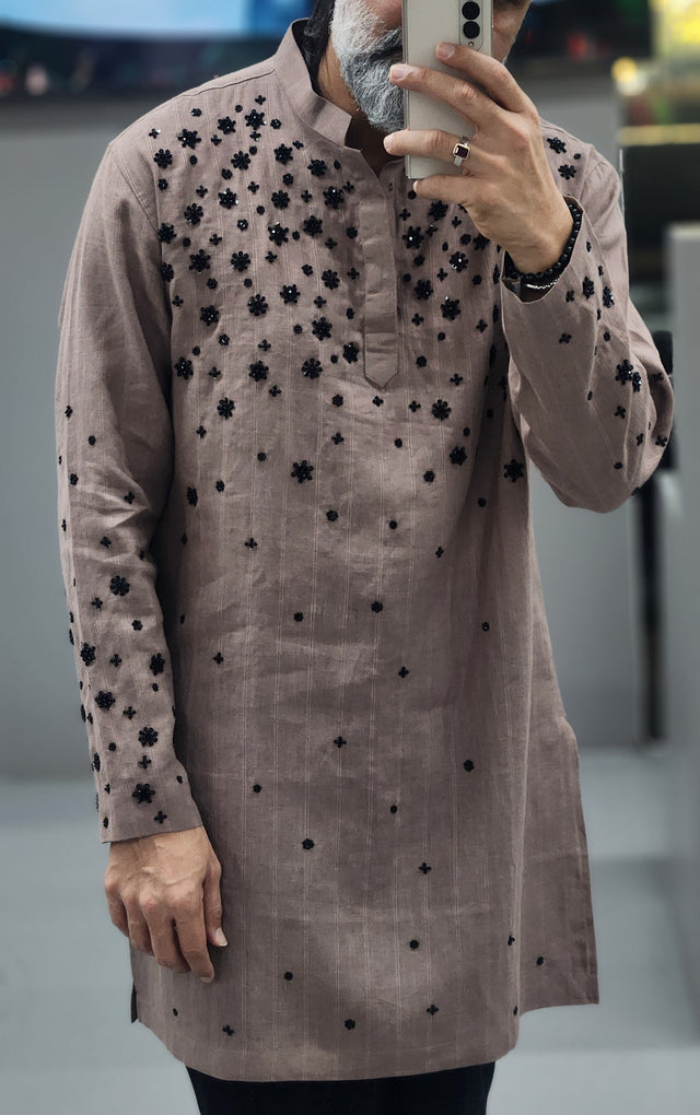 Taupe Brown Pure Linen Long Kurta with Black Sequins & Hand Khatli Work