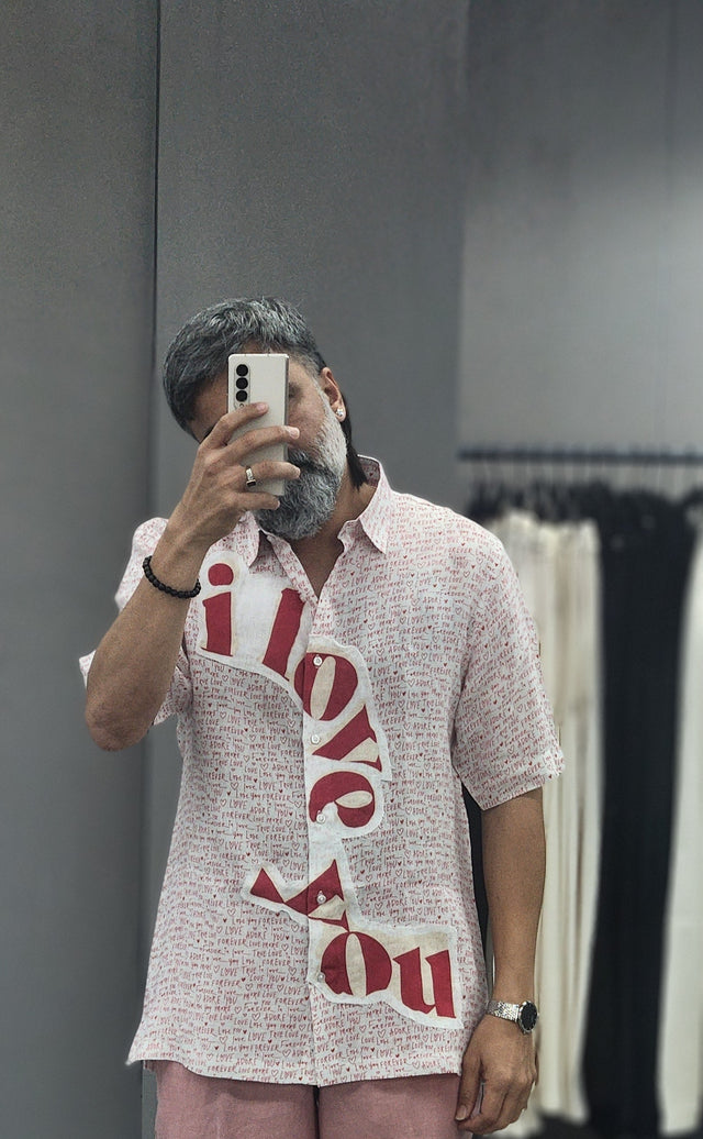 Light Pink Pure Linen Short Sleeve Shirt with Crimson "I Love You" Typography Appliqué