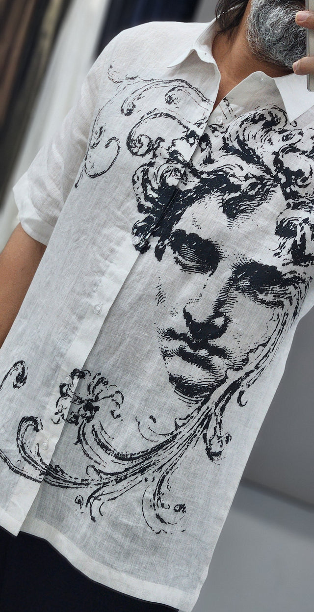 Black & White Classical Statue Digital Print Linen Shirt