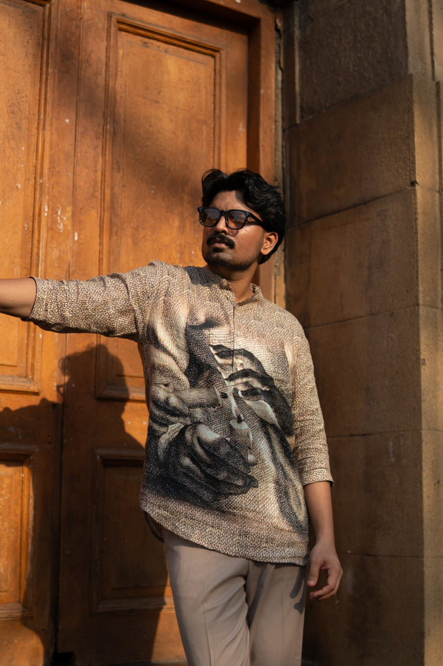 Eternal Flame Unisex Digital Print Pure Linen Kurta Style Shirt - AddysForMen®