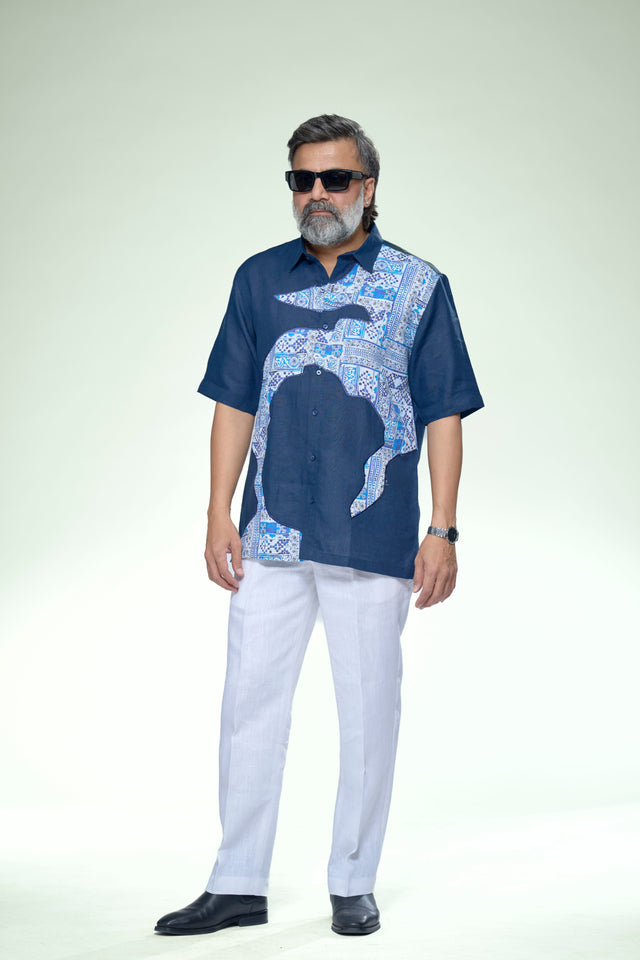Artistic Blue Edition Pure Linen Designer Short Sleeve Shirt - AddysForMen®
