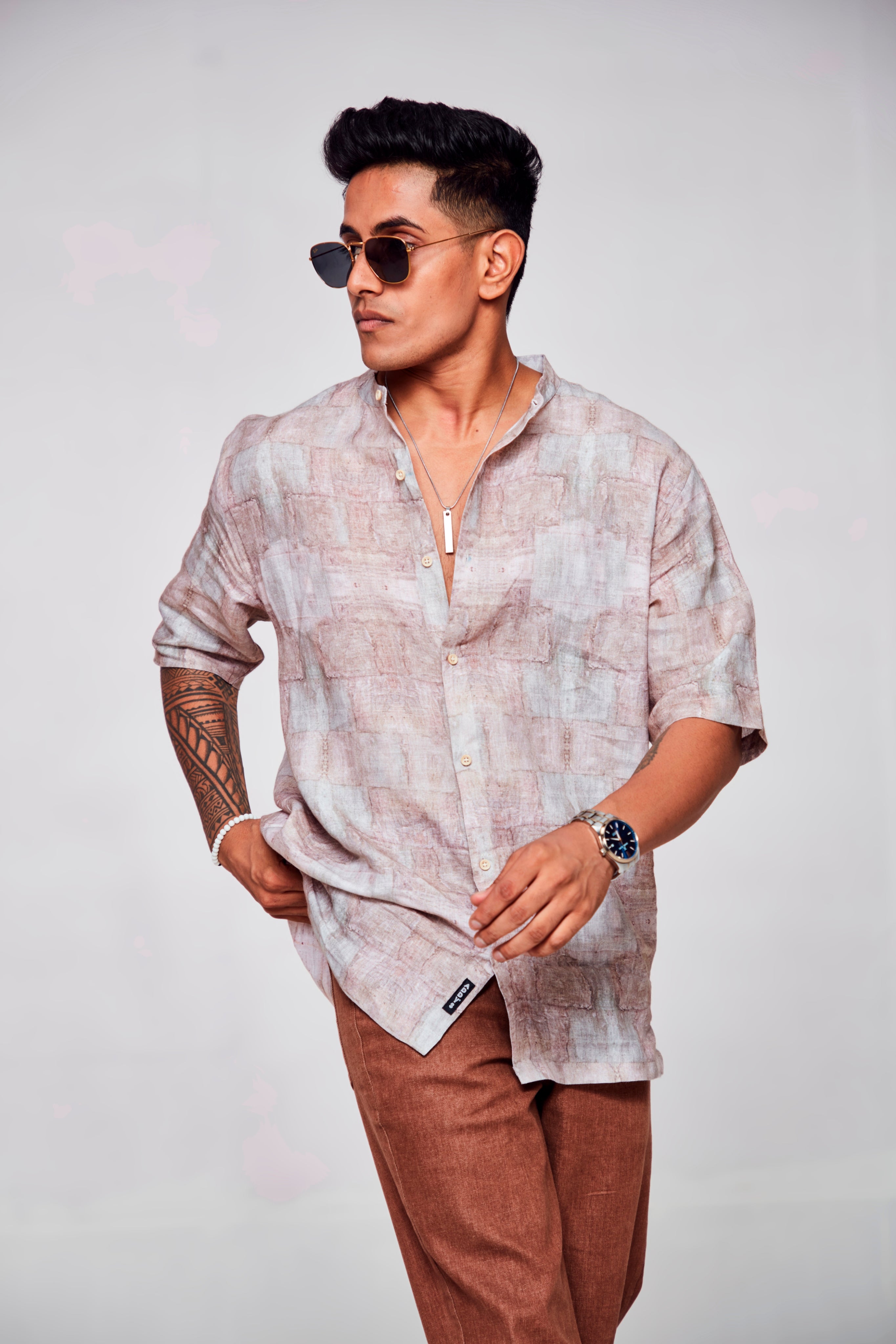 Enigmatic Gaze : Secrets of a Singular Presence - Pure Linen Short Sleeve Shirt