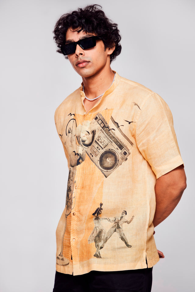 Stylish Melodic Fusion Printed Pure Linen Short Sleeve Shirt