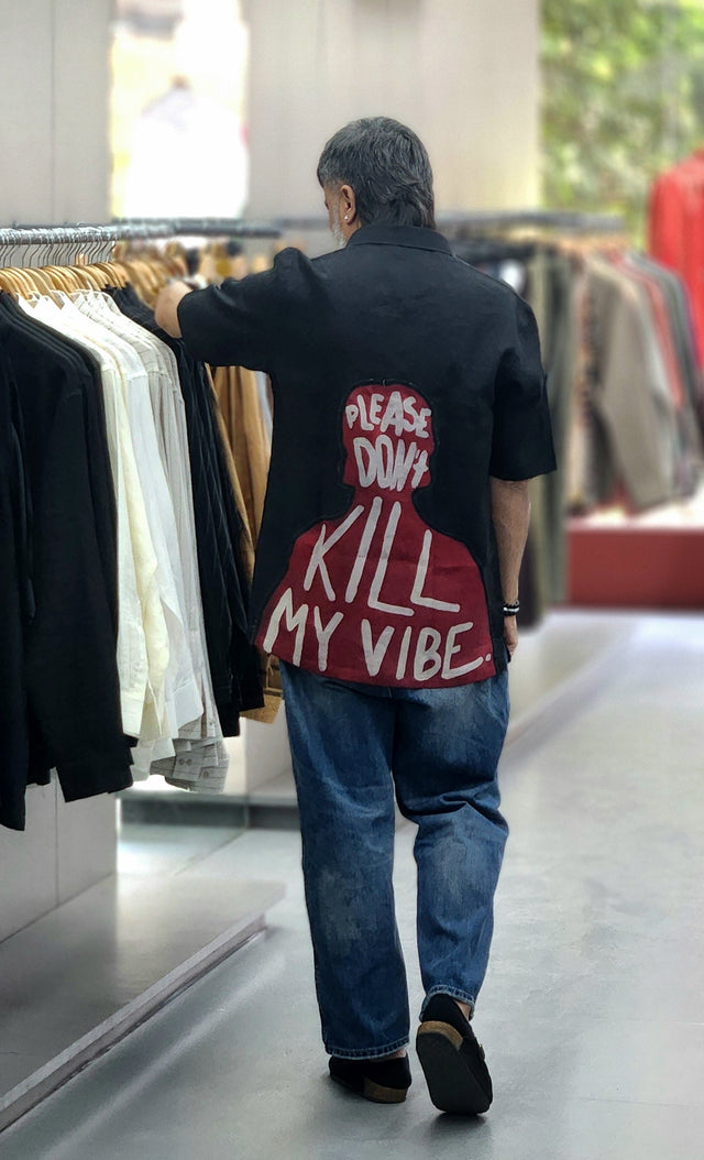 Obsidian "Please Don't Kill My Vibe" Graphic Pure Linen Resort Shirt