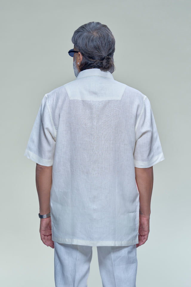 Metamorphosis: Digital Print Patchwork Pure Linen Designer Short Sleeve Shirt - AddysForMen®