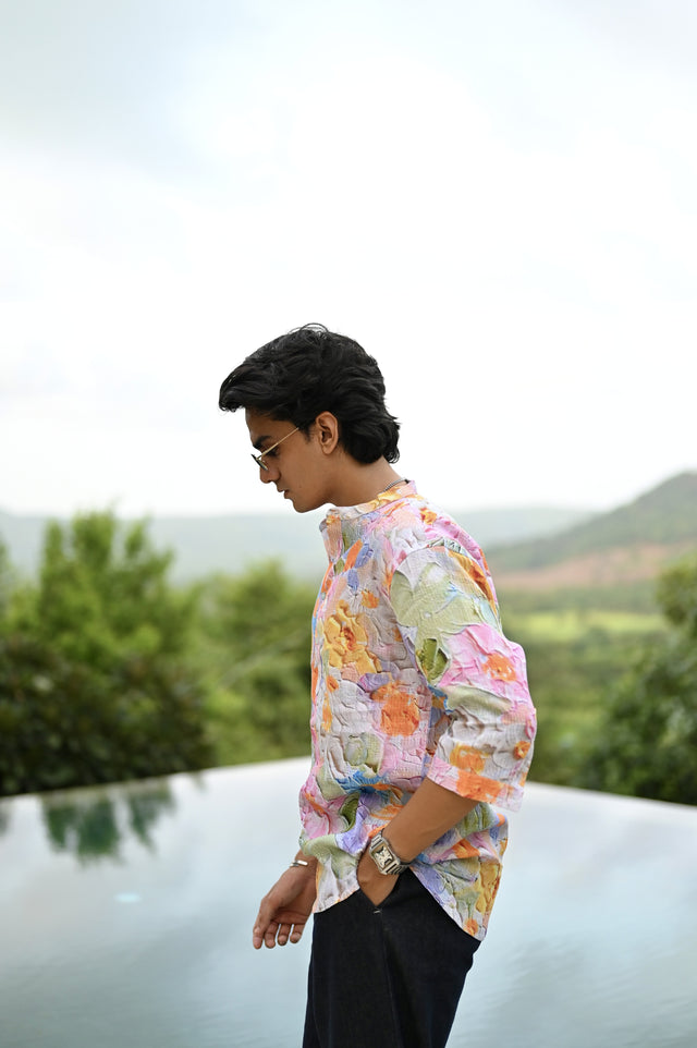 "Botanical Bliss : Vibrant Floral Paradise Blooms - 3/4 Sleeve Kurta Style Shirt"