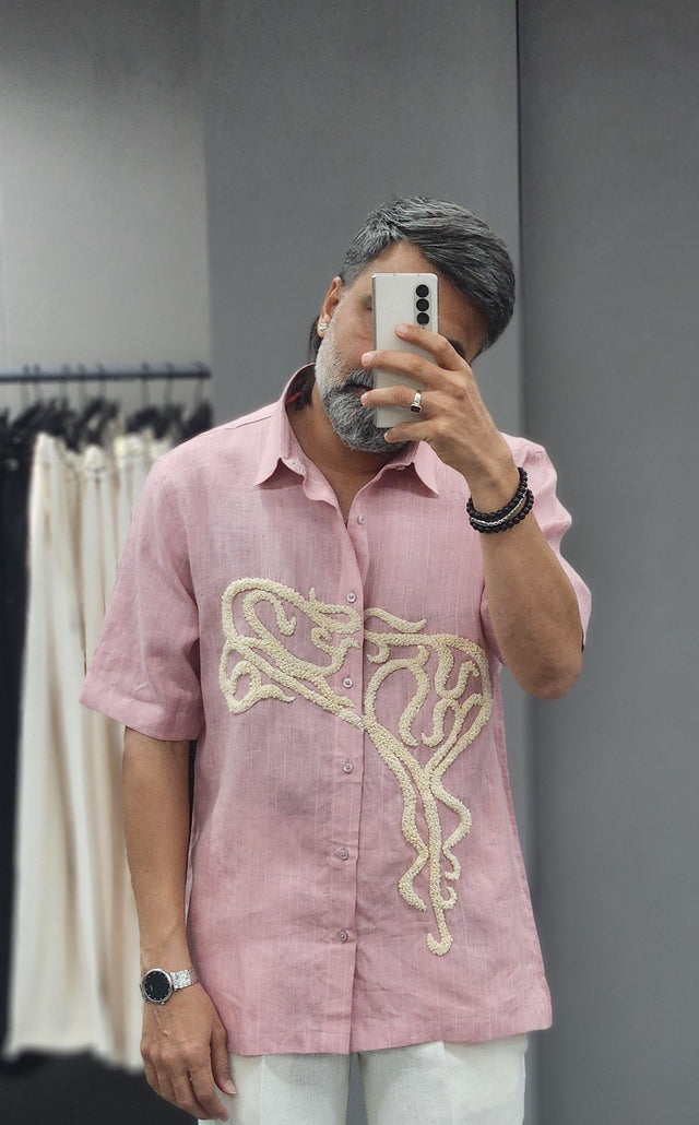 Blush Pink Abstract Cord Embroidered Pure Linen Shirt