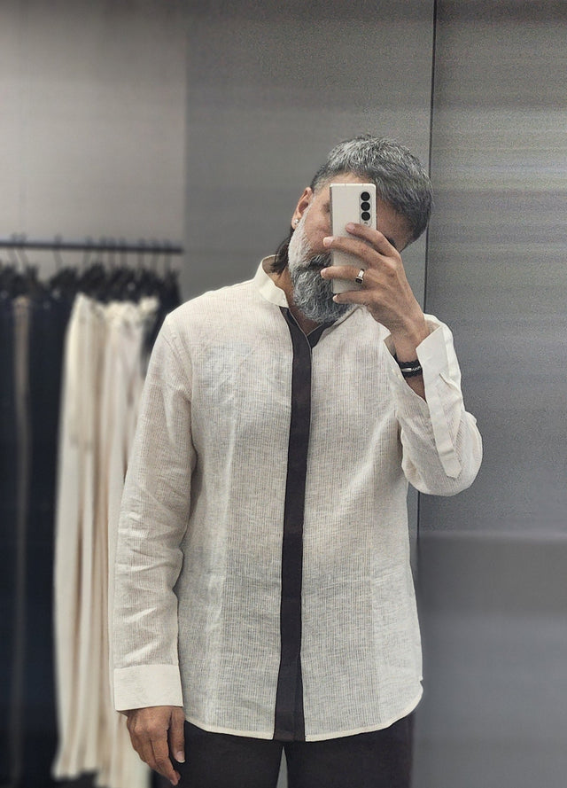 Beige Textured with Contrast Dark Placket Pure Linen Shirt