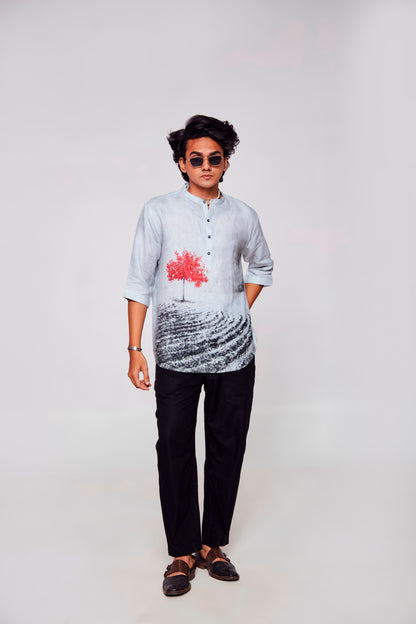 Mystic Forest : Artistic Journey through Nature - Pure Linen 3/4 Sleeve Kurta Style Shirt