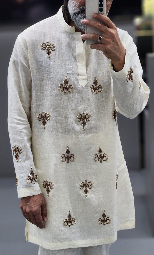 Ivory Pure Linen Kurta with Hand Embroidered Khatli Beadwork & Pearls
