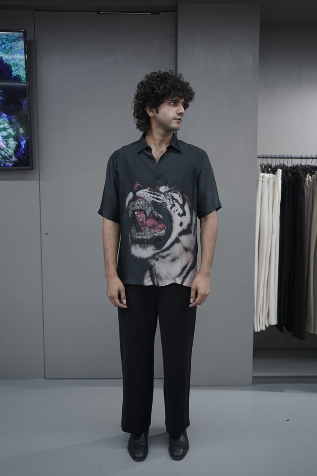 The Apex Luster: Tiger Digital Print Pure Bemberg Satin Short Sleeve Shirt - AddysForMen®️