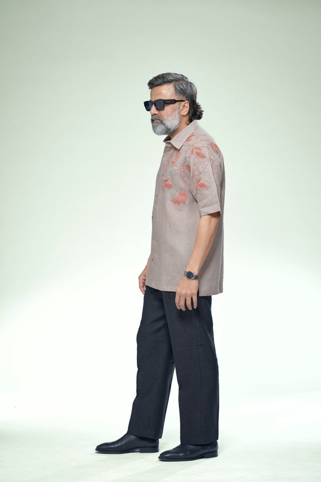 Coastal Artisan : 5-Hour Hand Embroidered Pure Linen Half Sleeve Shirt - AddysForMen®️