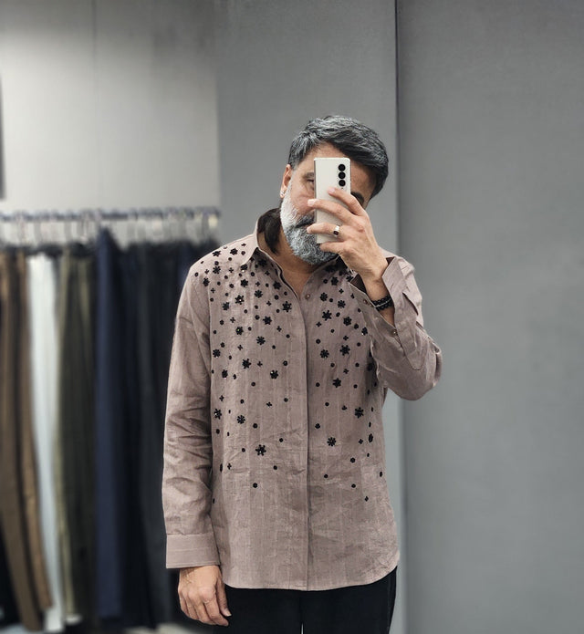 Mocha Pure Linen Shirt with Black Floral Hand Beads & Sequin Accents