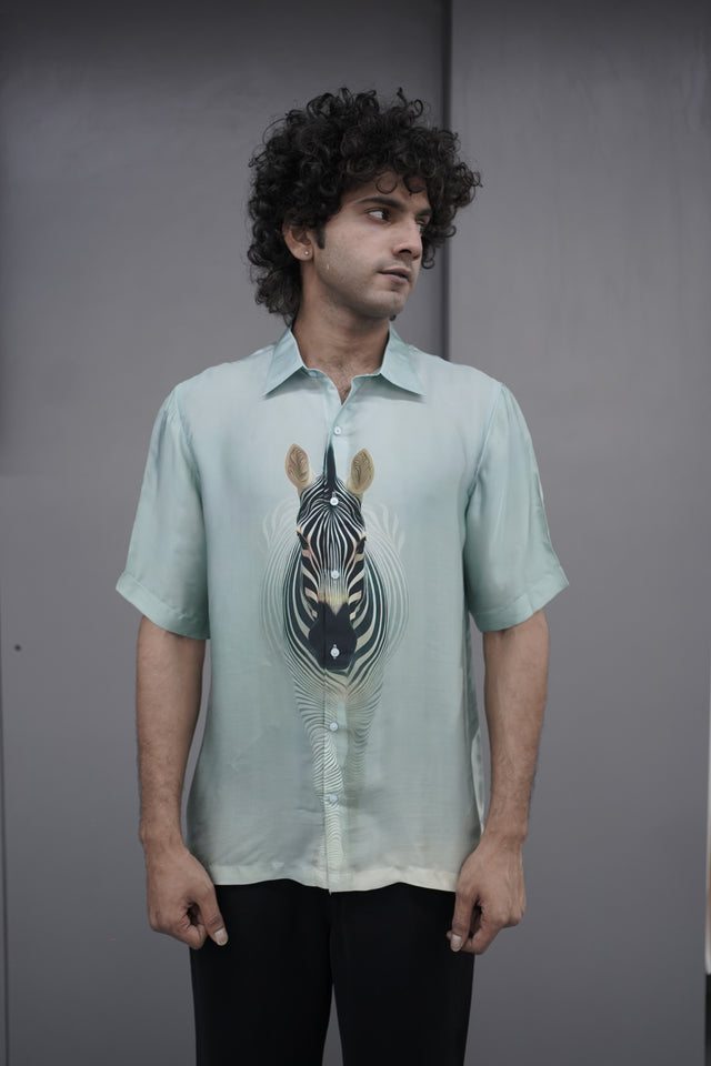 The Neon Abyss: Integrated Digital Pure Bemberg Satin Short Sleeve Shirt - AddysForMen®️