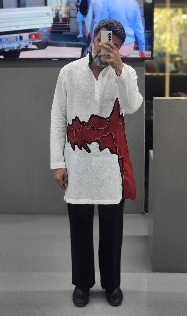 White Pure Linen Long Kurta with Crimson Cut-and-Patch Work & Hand Khatli Embroidery