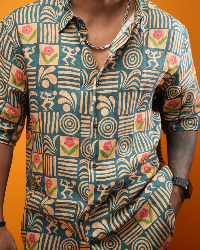 Tribal Dance Pure Linen Short Sleeve Shirt for Men