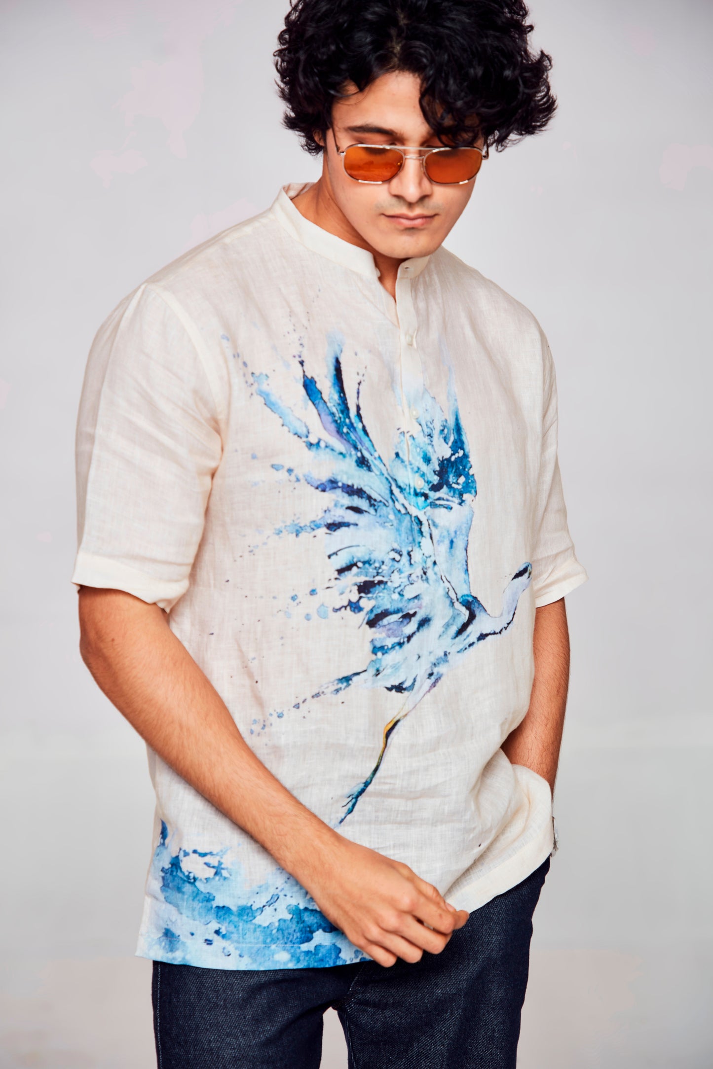 Winged Serenity : Nature's Grace with Avian Elegance - Pure Linen Short Sleeve