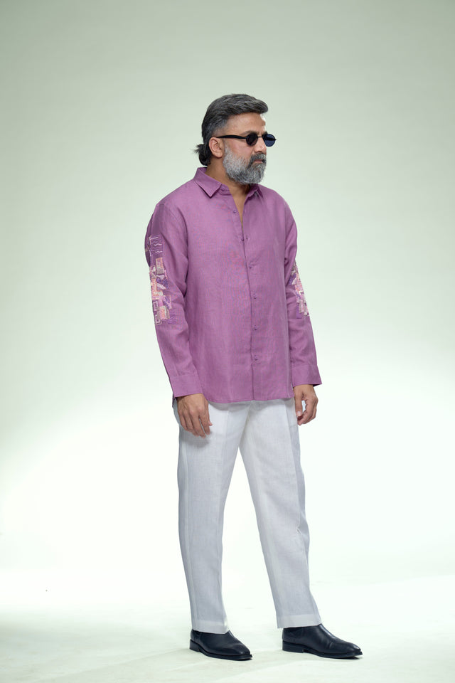 Artisan Motion : 9-hour Sleeve Embroidered Pure Linen Full Sleeve Shirt - AddysForMen®️