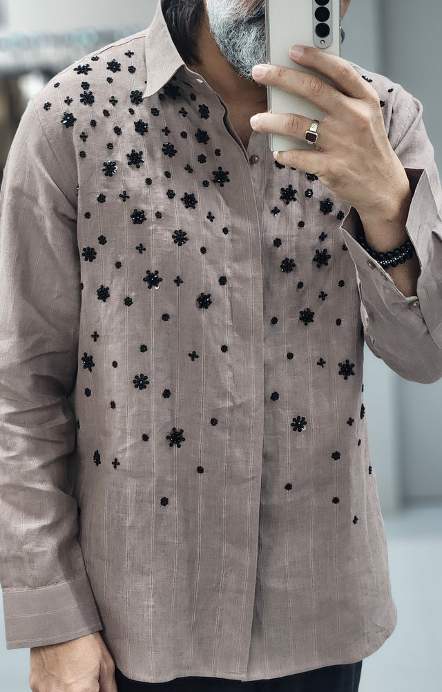 Mocha Pure Linen Shirt with Black Floral Hand Beads & Sequin Accents