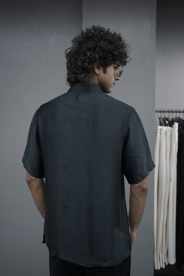 The Aurora Horizon: Integrated Digital Art Pure Bemberg Satin Short Sleeve Shirt - AddysForMen®️