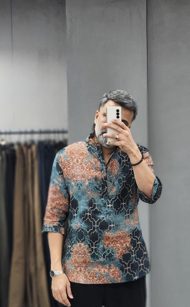 Ottoman Tile Digital Print Pure Linen 3/4 Sleeve Kurta Shirt