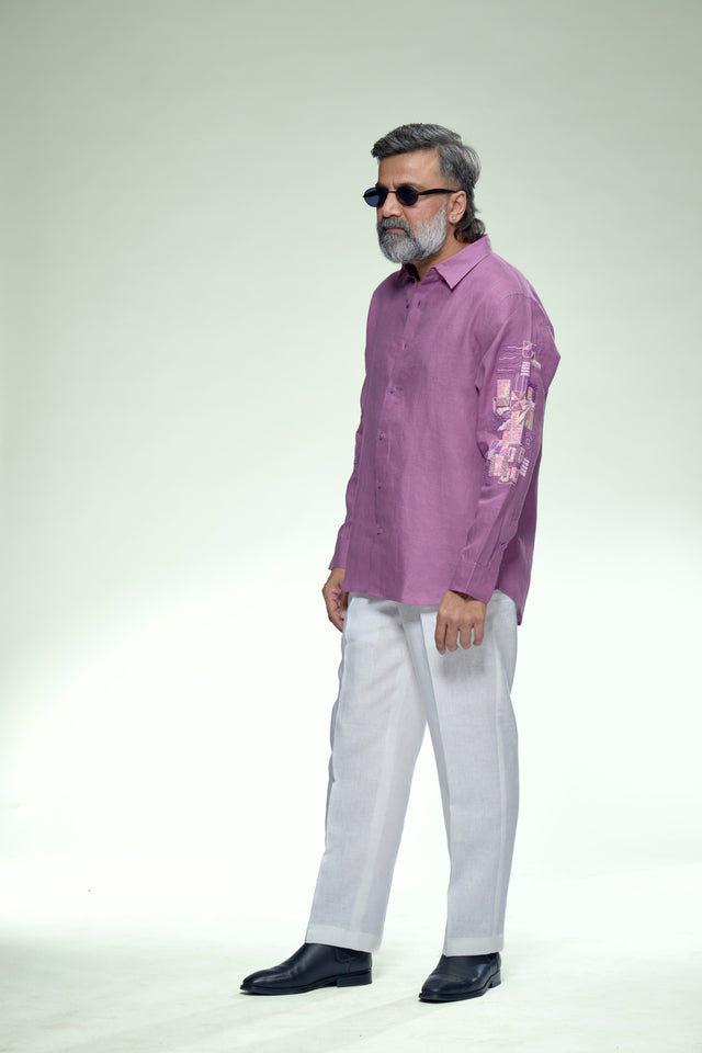 Artisan Motion : 9-hour Sleeve Embroidered Pure Linen Full Sleeve Shirt - AddysForMen®️