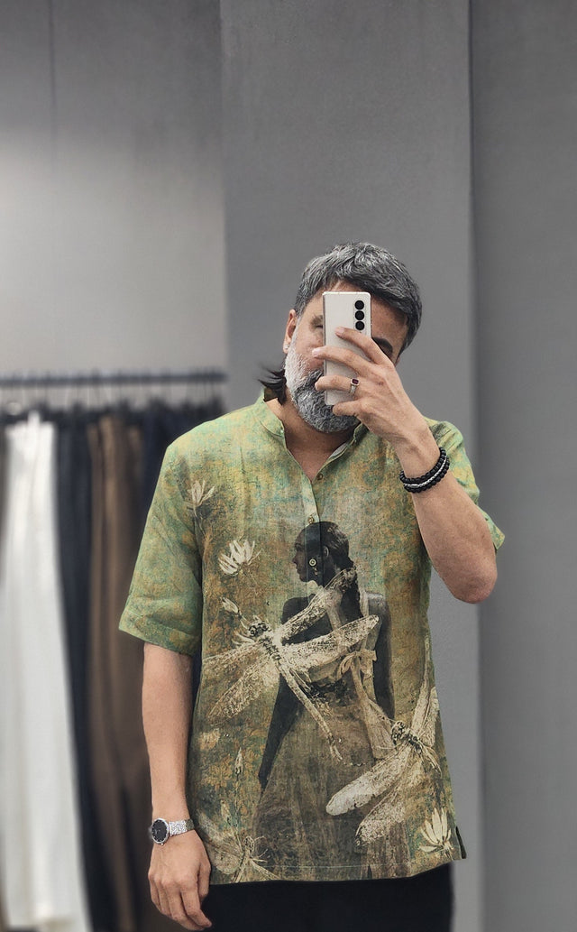 Olive Botanical Portrait Digital Print Pure Linen Kurta Style Shirt