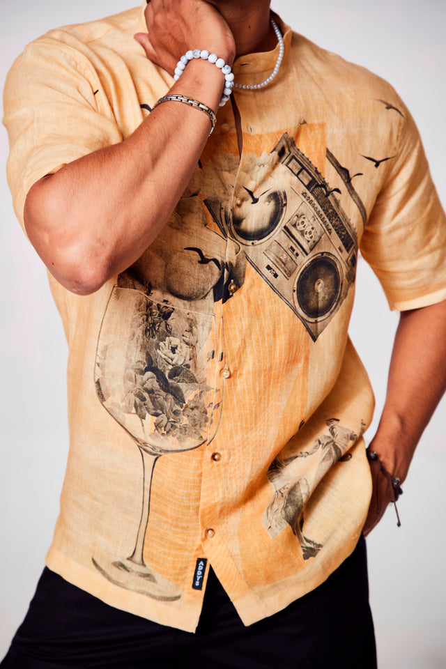 Stylish Melodic Fusion Printed Pure Linen Short Sleeve Shirt